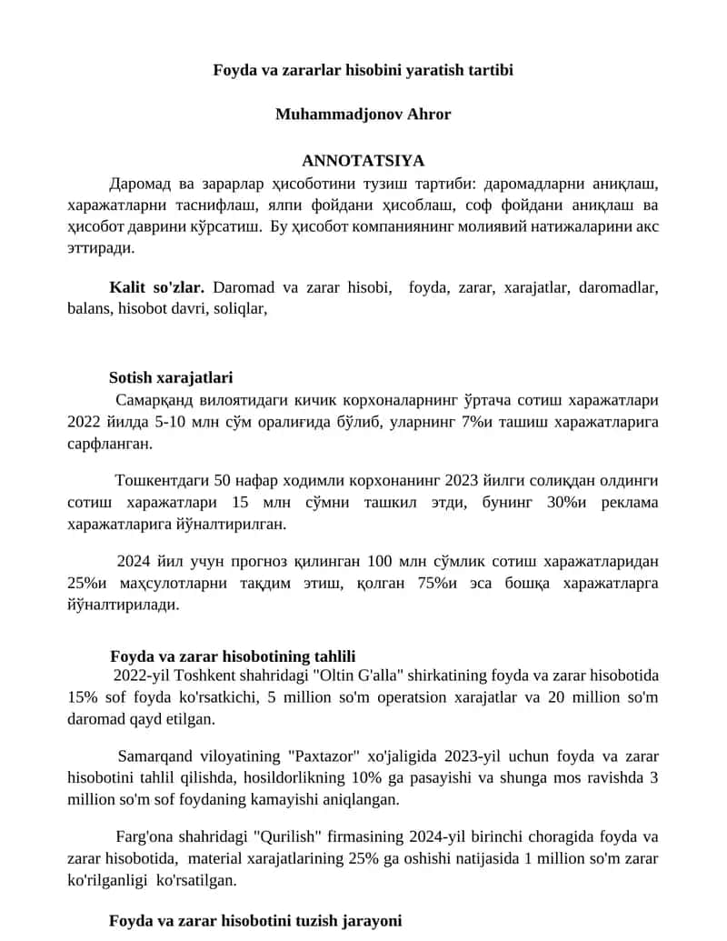 Foyda va zararlar hisobini yaratish tartibi 1