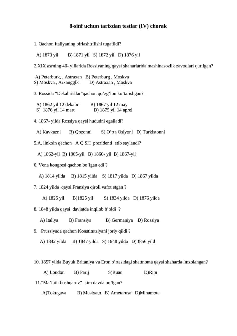 8-sinf uchun tarixdan testlar (IV) chorak 1