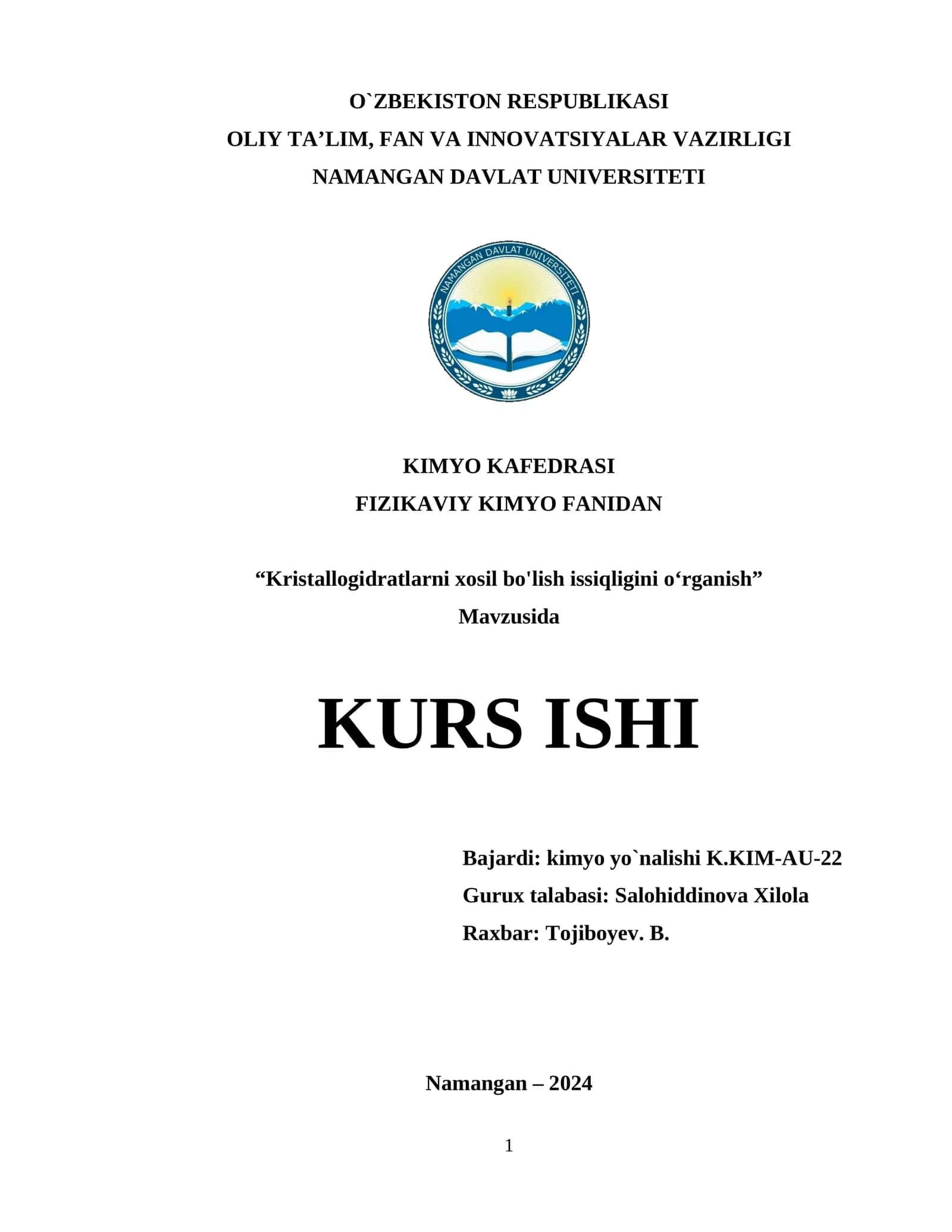 Kristallogidratlarni xosil bo'lish issiqligini oʻrganish 1