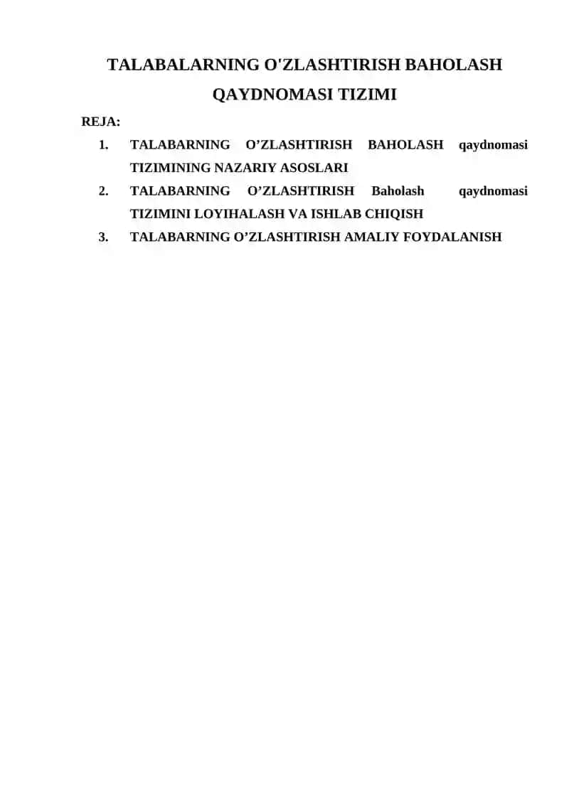 TALABALARNING O'ZLASHTIRISH BAHOLASH QAYDNOMASI TIZIMI