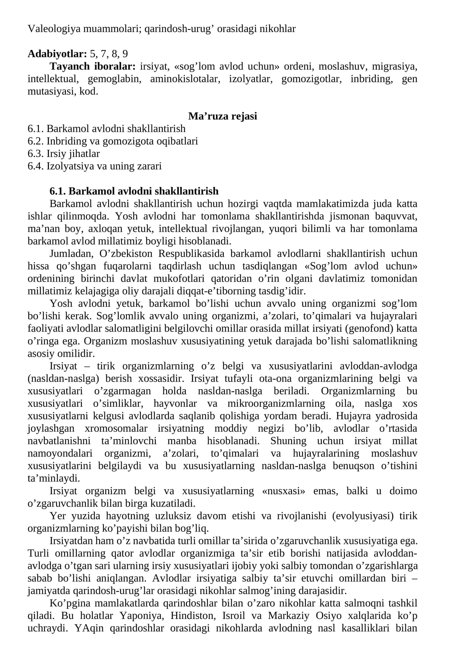 Valeologiya muammolari; qarindosh-urug’ orasidagi nikohlar 1