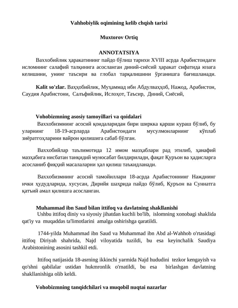 Vahhobiylik oqimining kelib chiqish tarixi 1