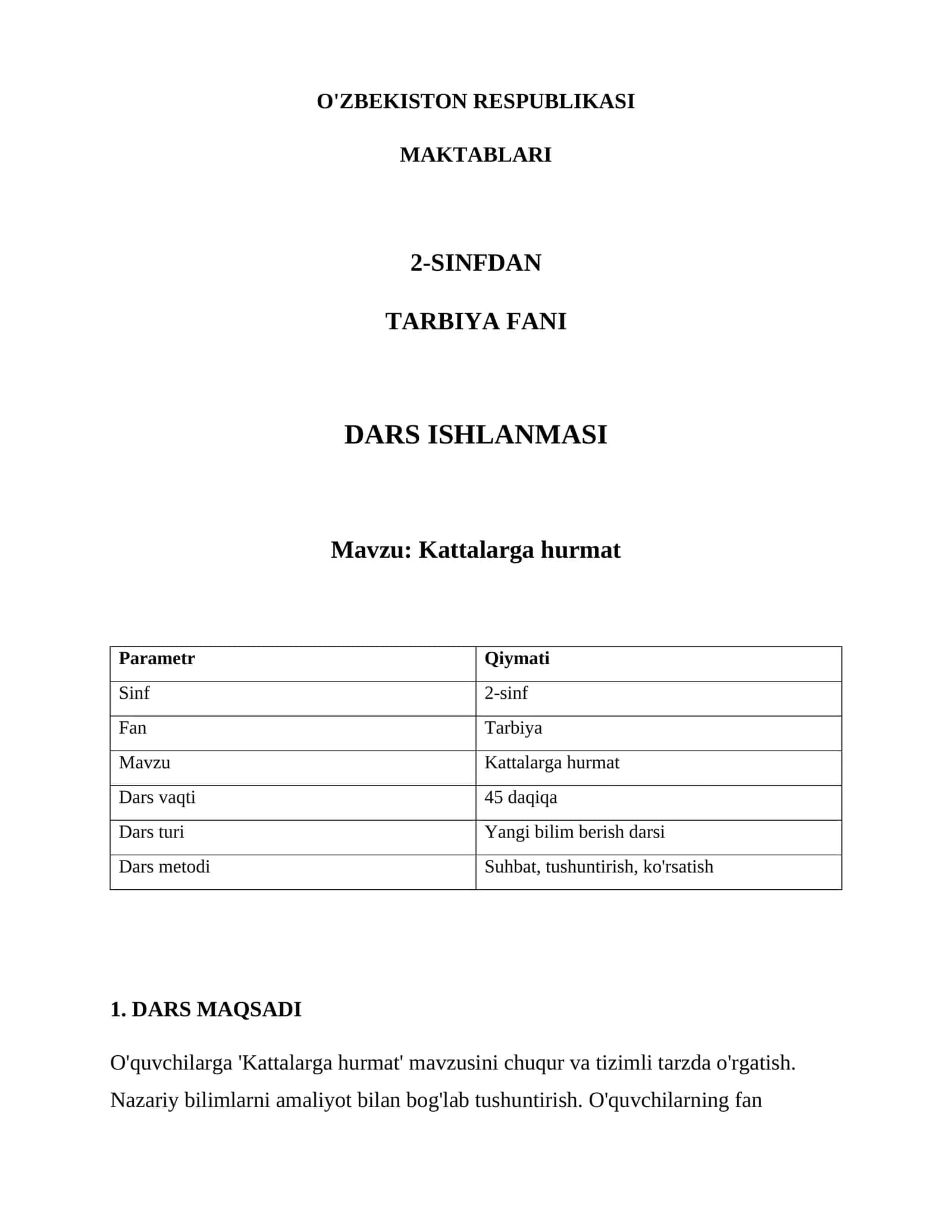 Kattalarga hurmat Dars Ishlanmasi 1