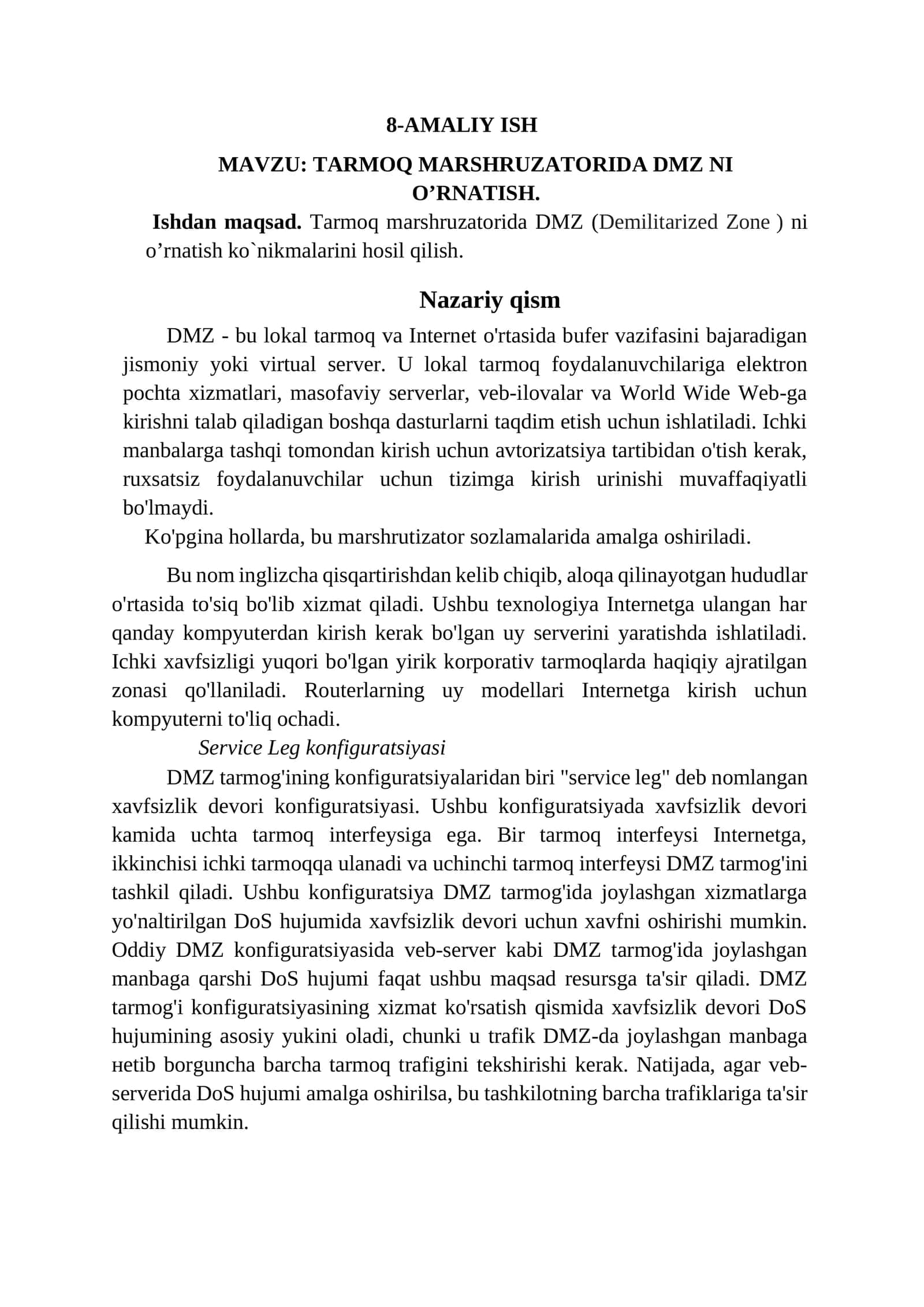 TARMOQ MARSHRUZATORIDA DMZ NI O’RNATISH 1