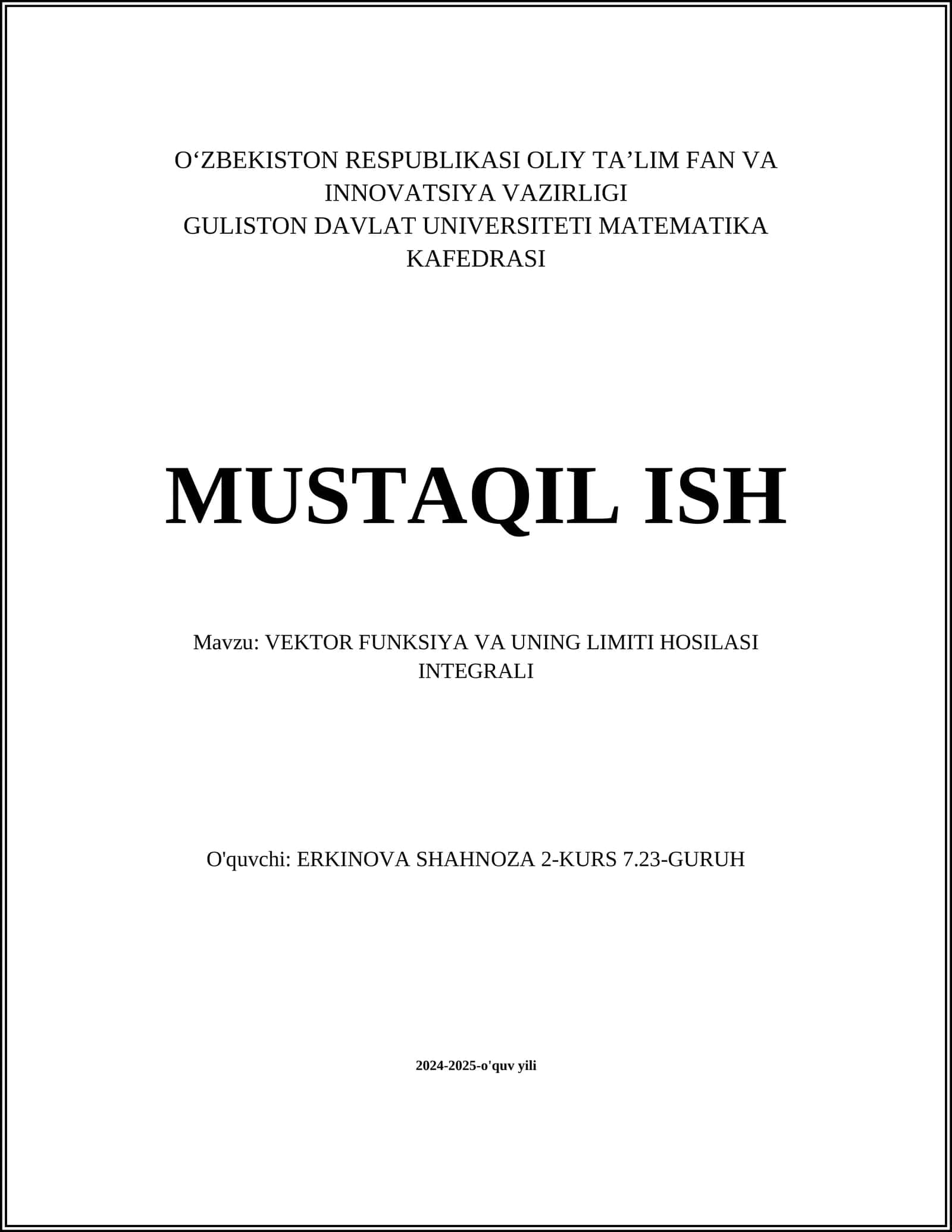 VEKTOR FUNKSIYA VA UNING LIMITI HOSILASI INTEGRALI 1