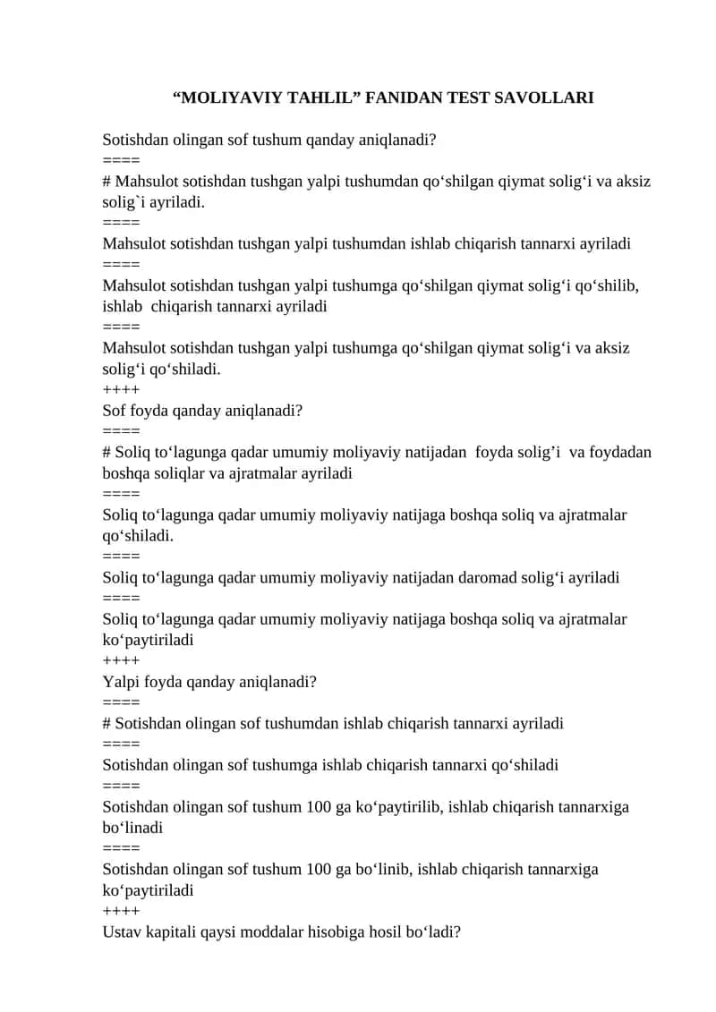 “MOLIYAVIY TAHLIL” FANIDAN TEST SAVOLLARI 1