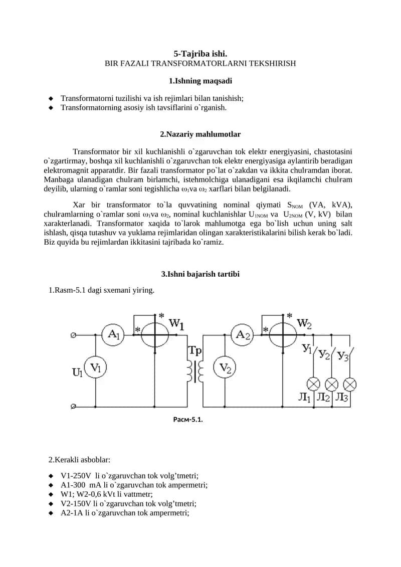 BIR FAZALI TRANSFORMATORLARNI TEKSHIRISH 1