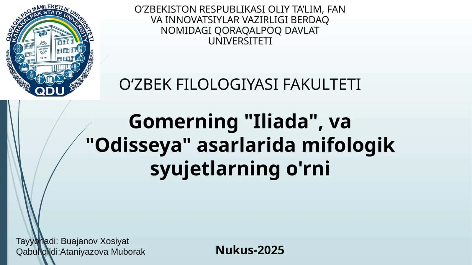 Gomerning "Iliada", va "Odisseya" asarlarida mifologik syujetlarning o'rni 1