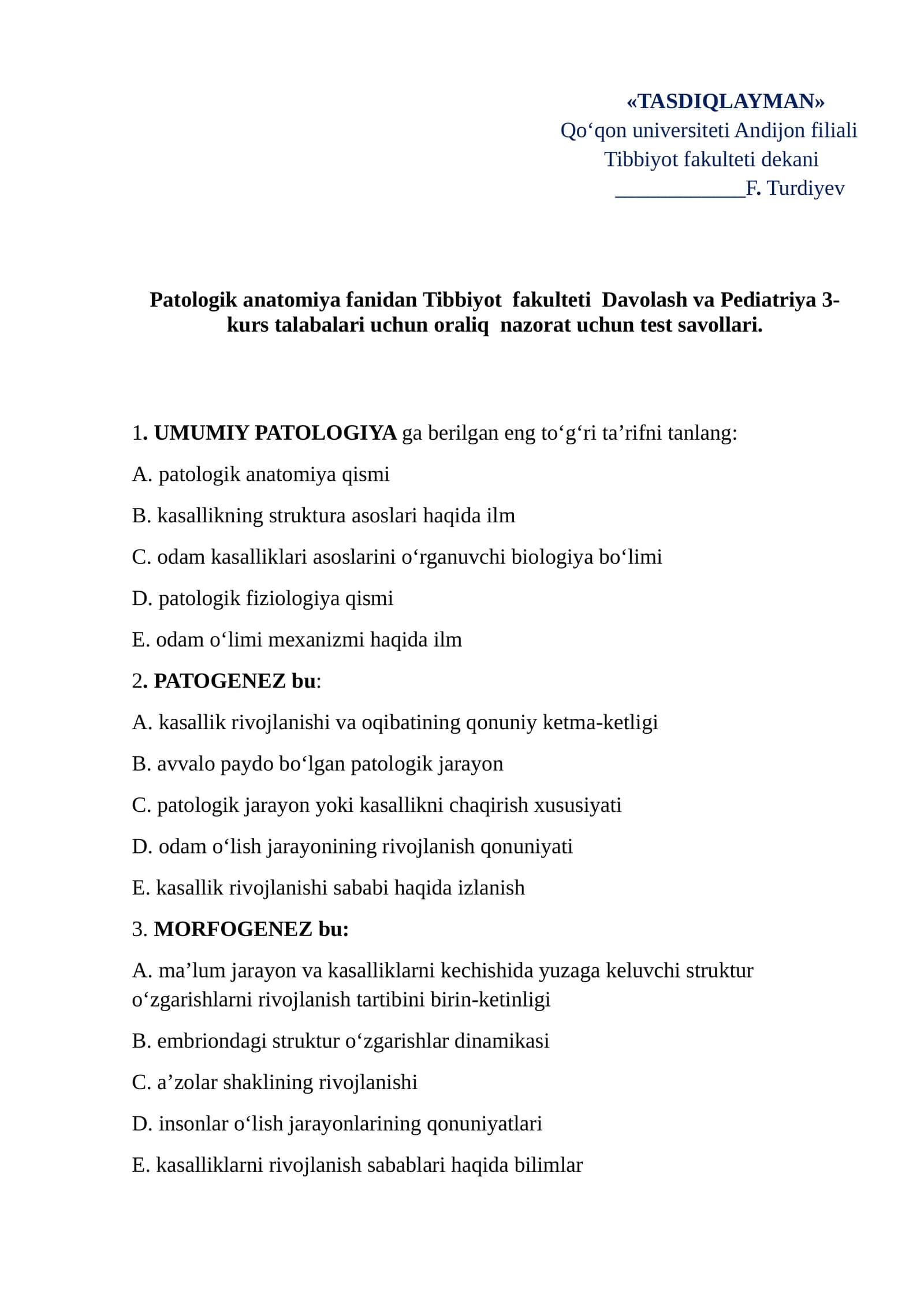 PATOLOGIK ANATOMIYA Test Savollari 1