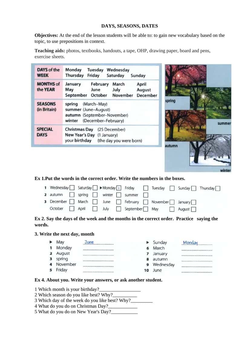 DAYS, SEASONS, DATES 1