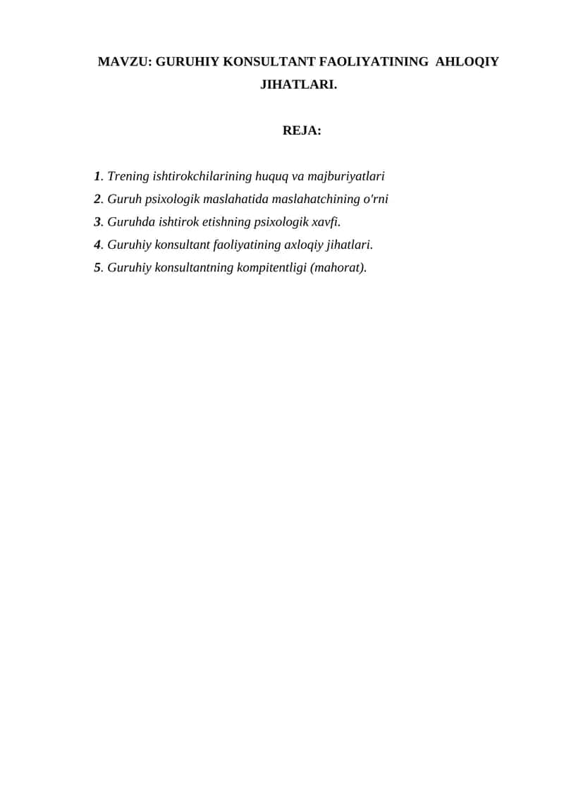 Guruh psixologik maslahatida maslahatchining o'rni 1