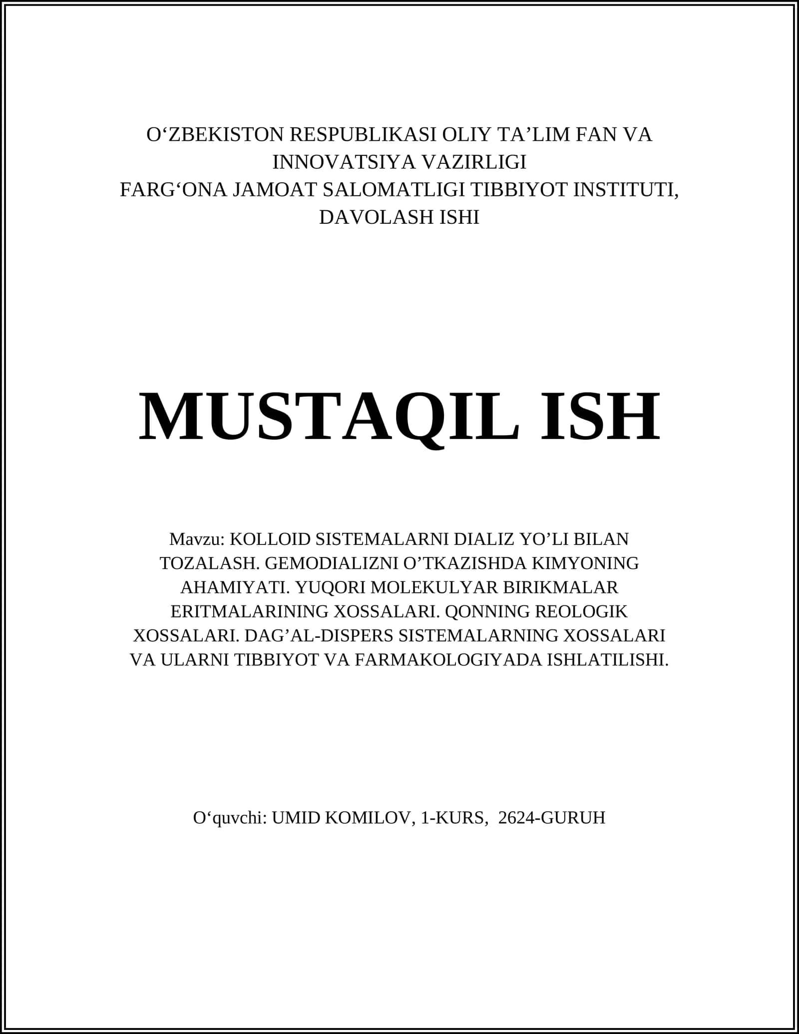 Kolloid Sistemalarni DIALIZ Yo’li Bilan Tozalash 1