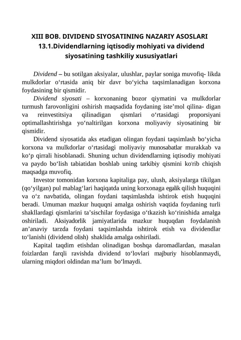 DIVIDEND SIYOSATINING NAZARIY ASOSLARI 1