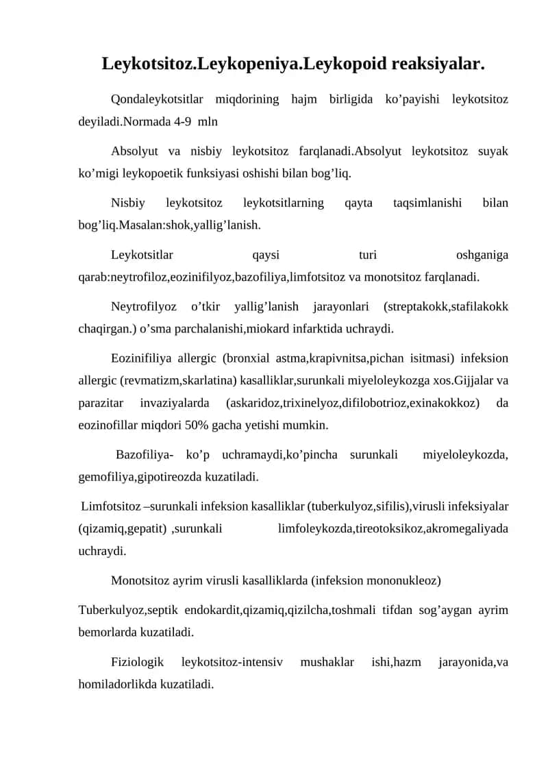 Leykotsitoz.Leykopeniya.Leykopoid reaksiyalar 1