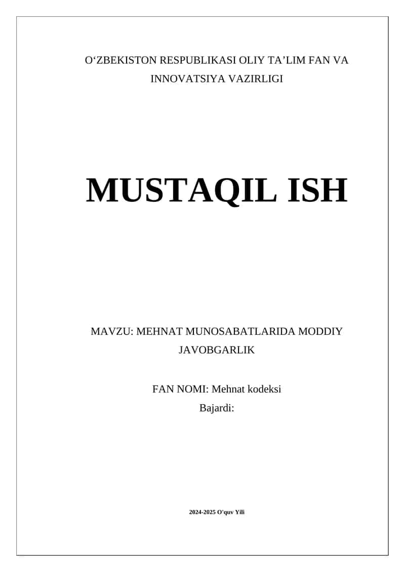 MEHNAT MUNOSABATLARIDA MODDIY JAVOBGARLIK 1