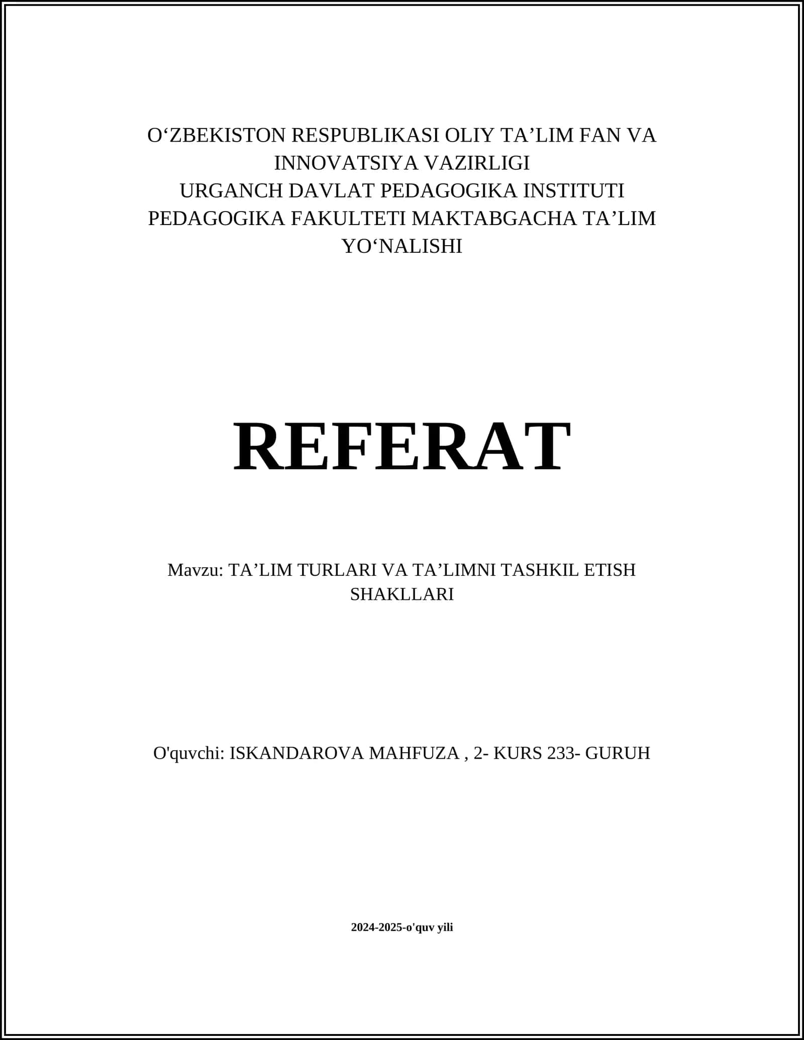 Anʼanaviy taʼlim turlari 1