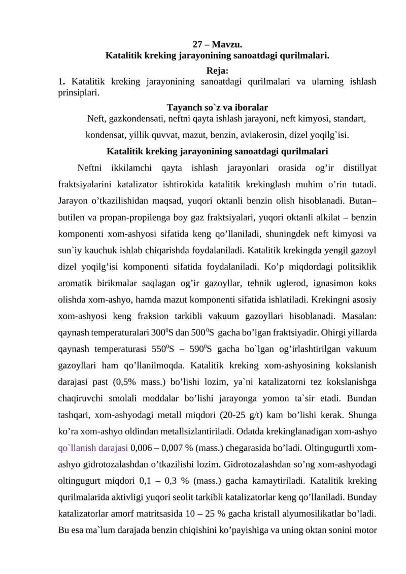 Katalitik kreking jarayonining sanoatdagi qurilmalari 1