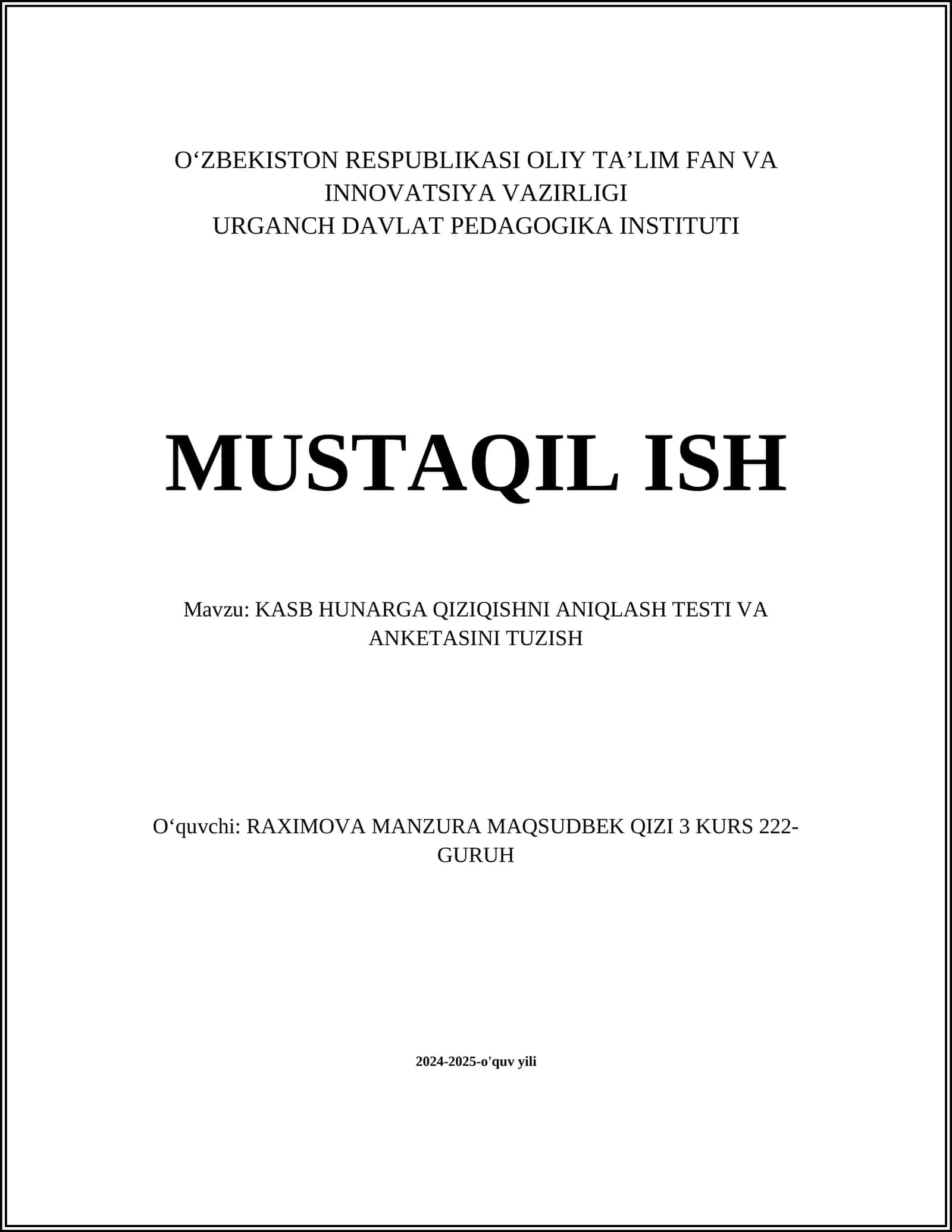 KASB HUNARGA QIZIQISHNI ANIQLASH TESTI VA ANKETASINI TUZISH 1