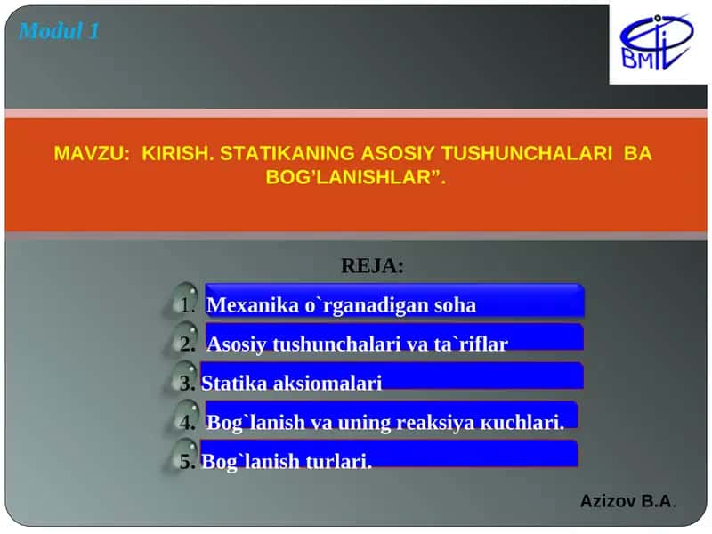 STATIKANING ASOSIY TUSHUNCHALARIВАBOG’LANISHLAR 1