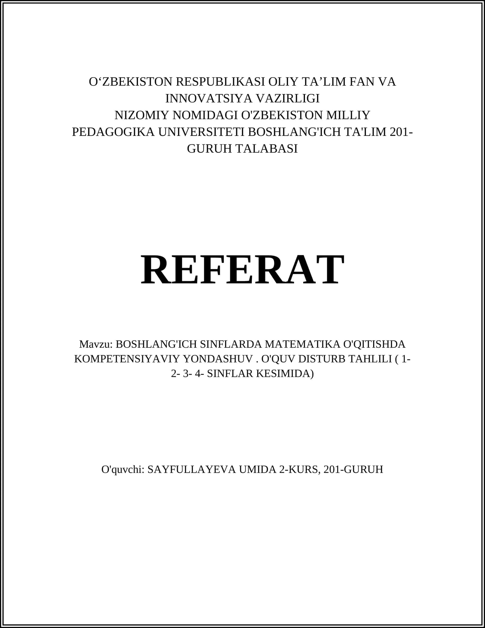 BOSHLANG'ICH SINFLARDA MATEMATIKA O'QITISHDA KOMPETENSIYAVIY YONDASHUV 1