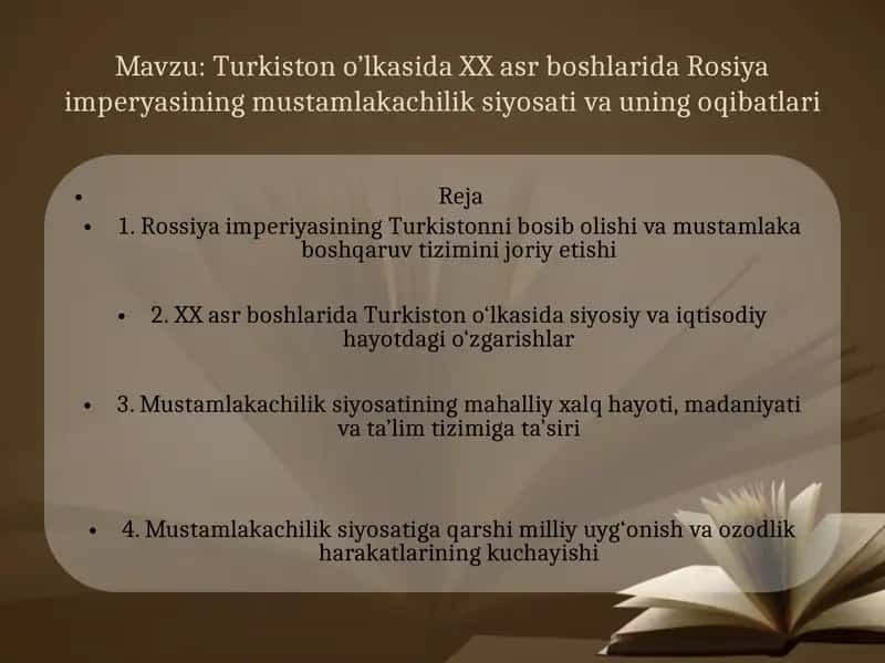 XX asr Turkistonida Rossiya imperiyasining mustamlakachilik siyosati 1
