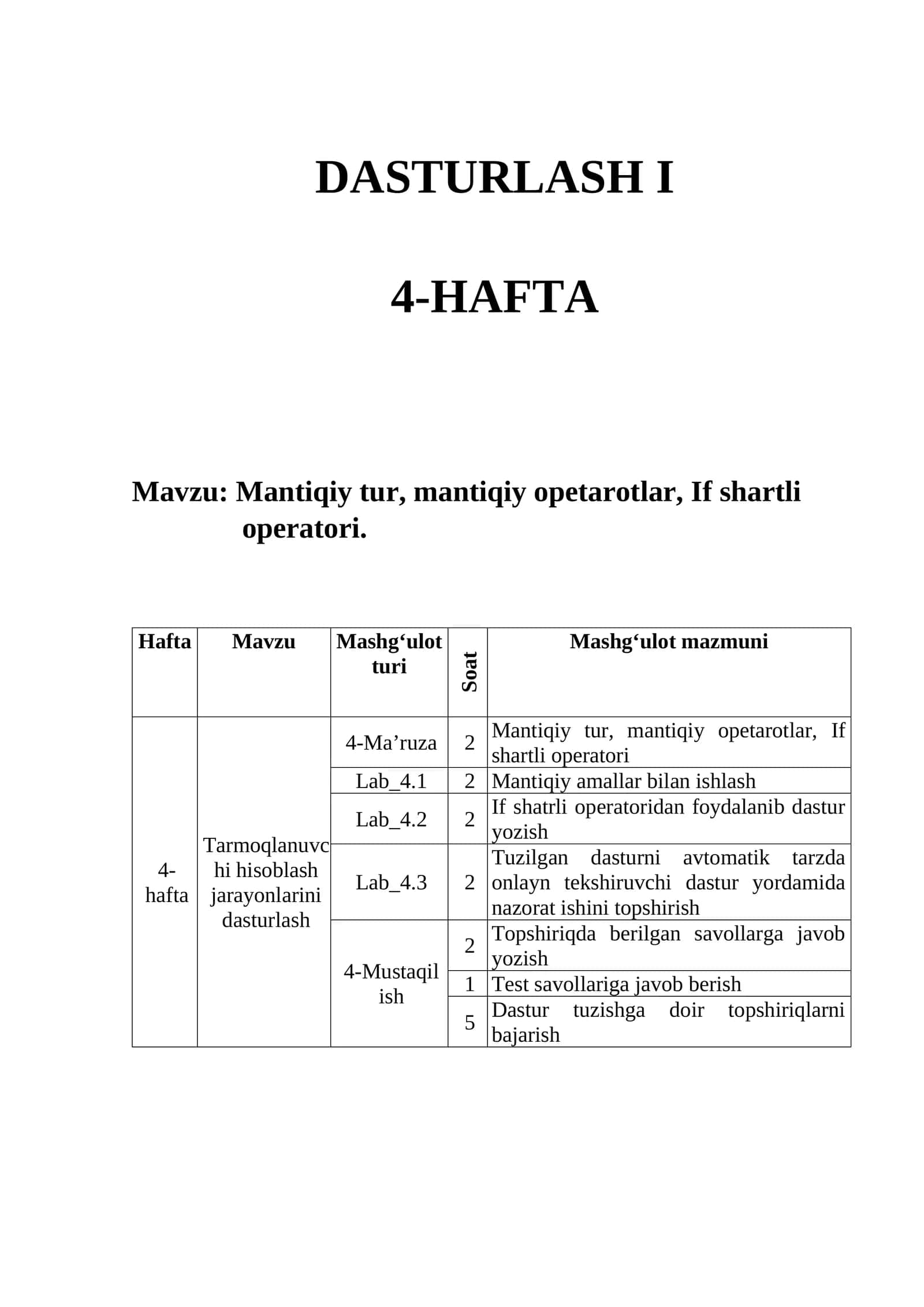MANTIQIY TUR, MANTIQIY OPETAROTLAR, IF SHARTLI OPERATORI 1