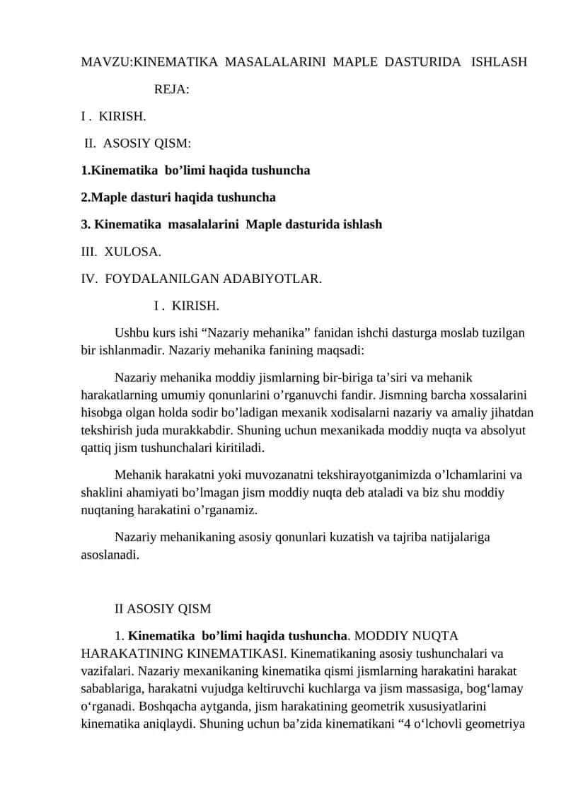 KINEMATIKA MASALALARINI MAPLE DASTURIDA ISHLASH 1