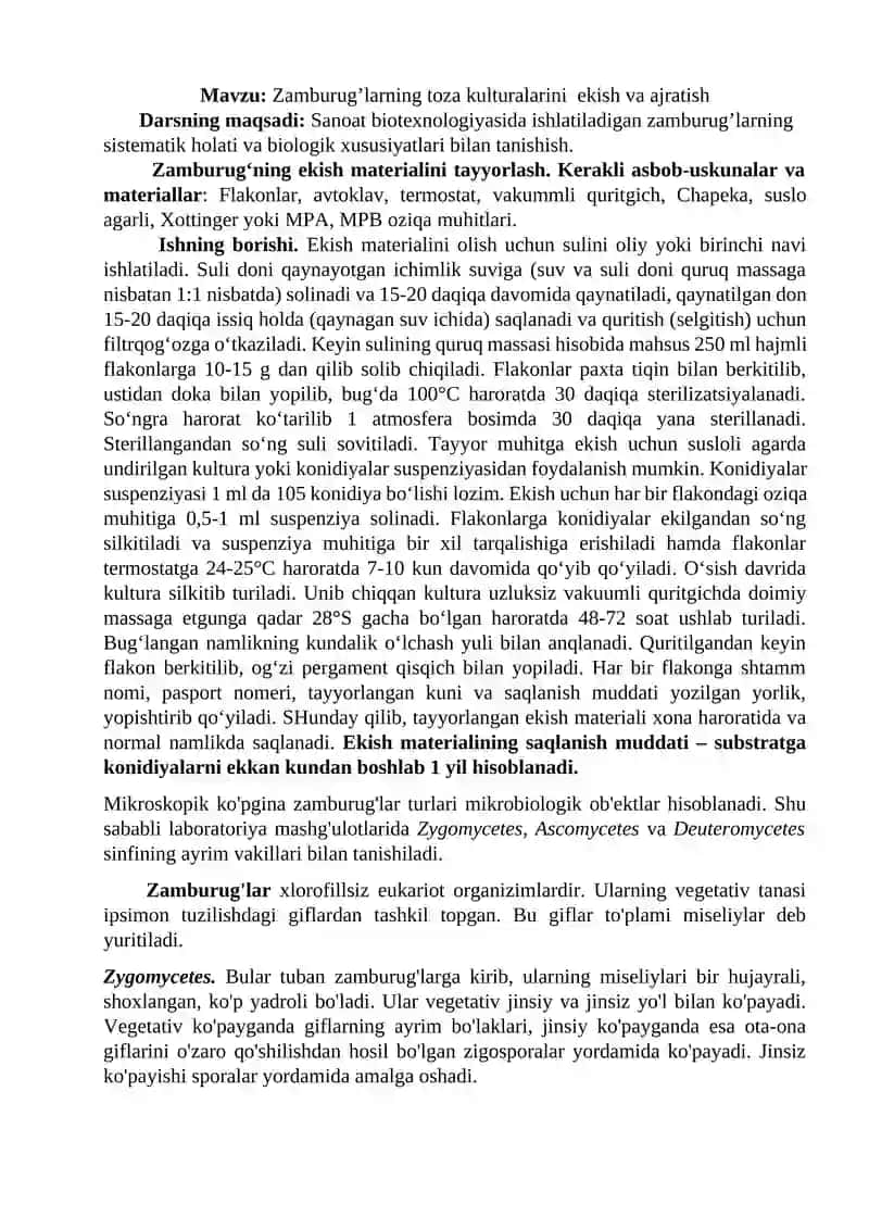Zamburug’larning toza kulturalarini ekish va ajratish