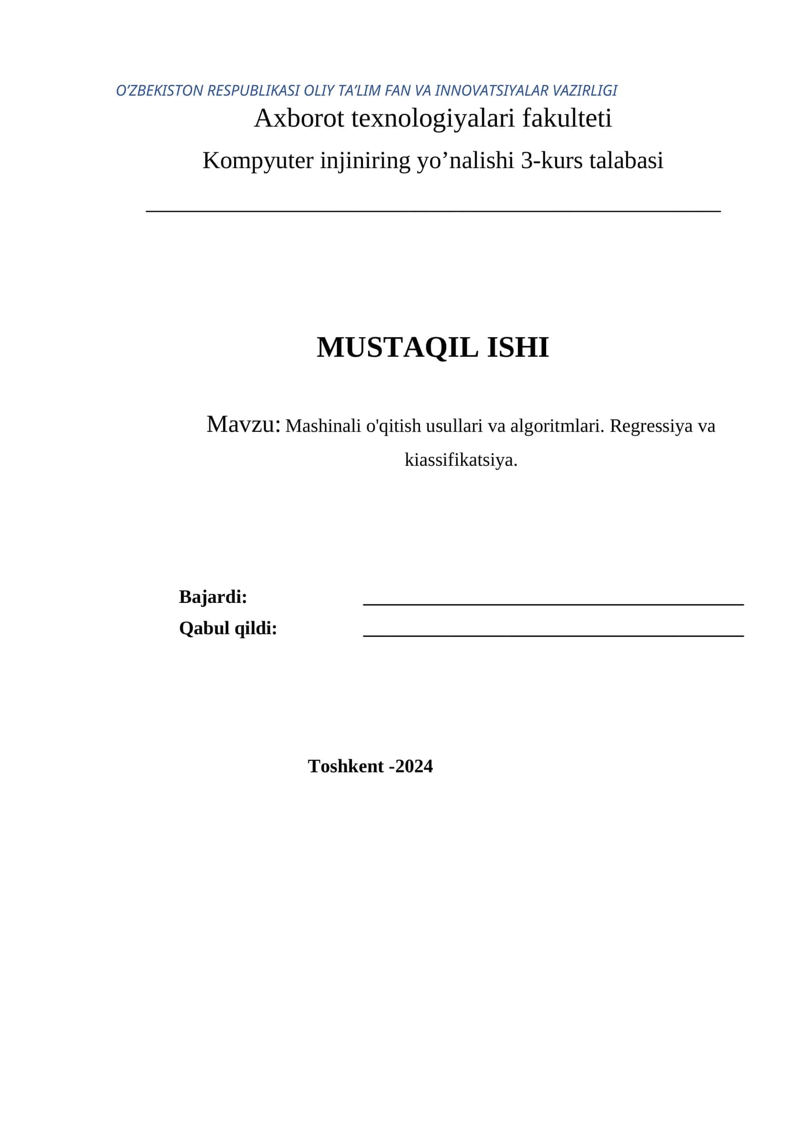 Mashinali o'qitish usullari va algoritmlari. Regressiya va kiassifikatsiya 1