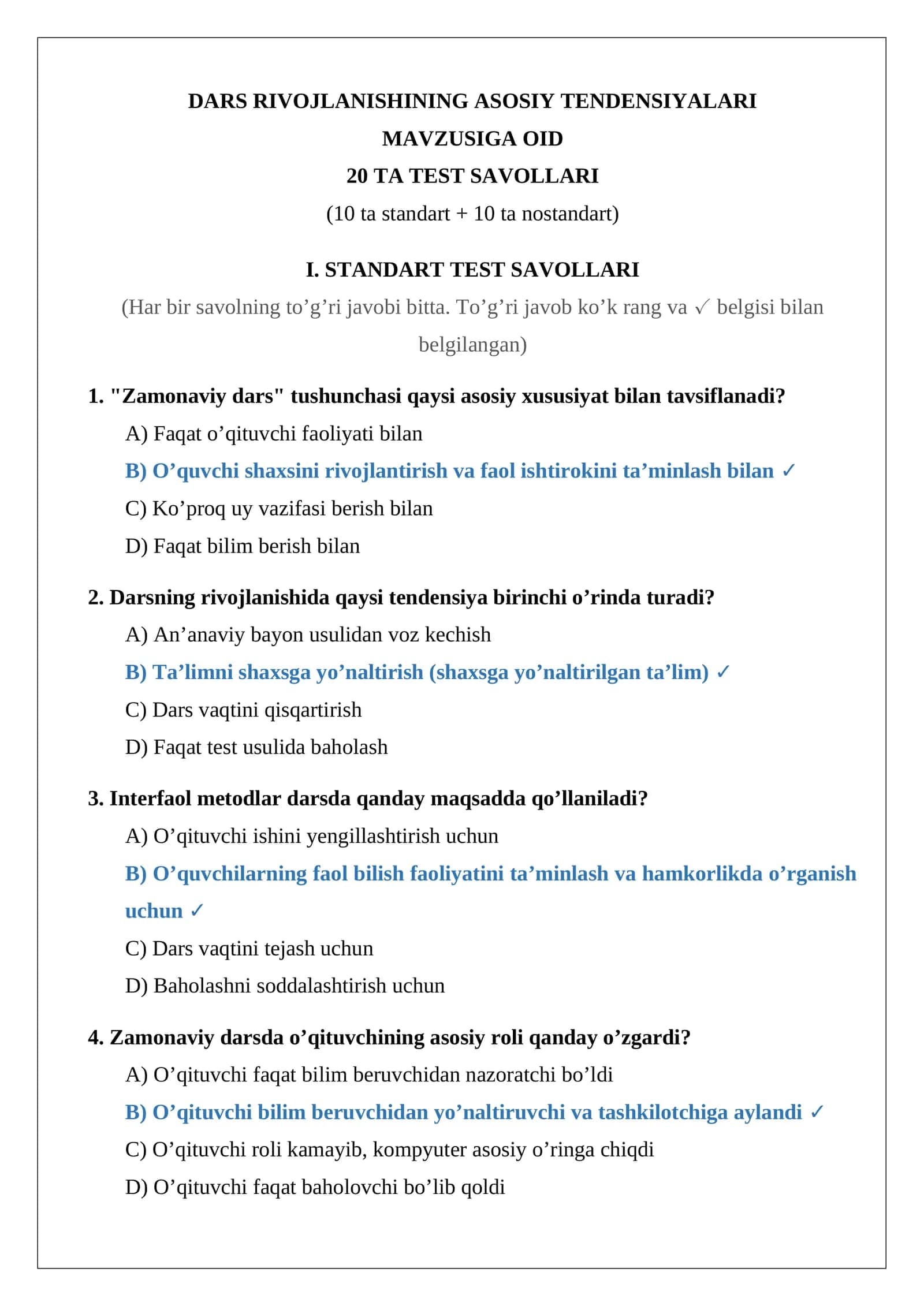 DARS RIVOJLANISHINING ASOSIY TENDENSIYALARI 20 TA TEST SAVOLLARI 1