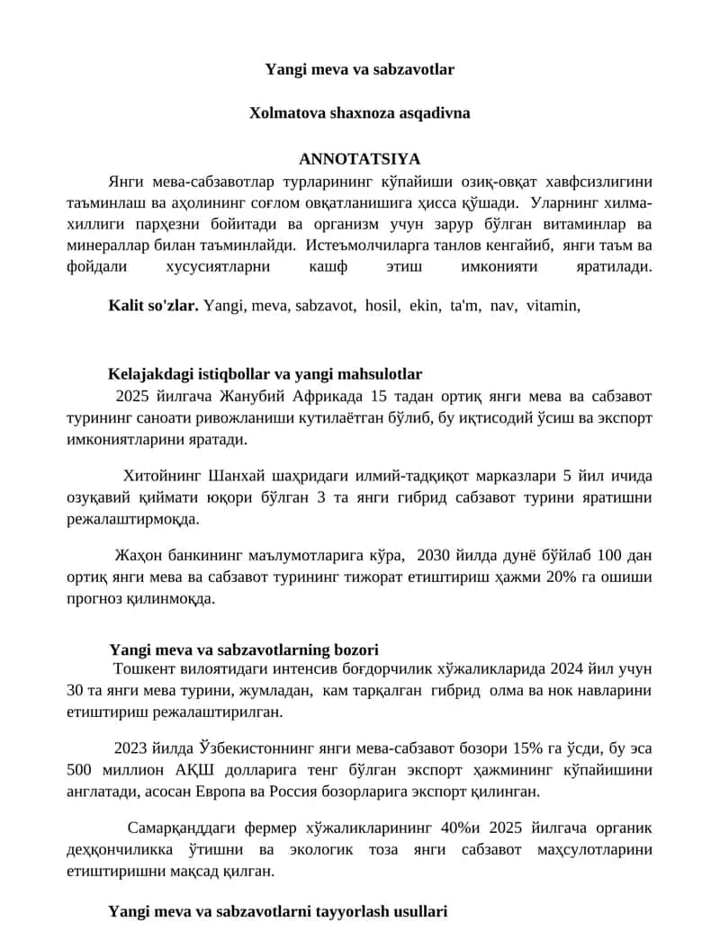 Yangi meva va sabzavotlar 1