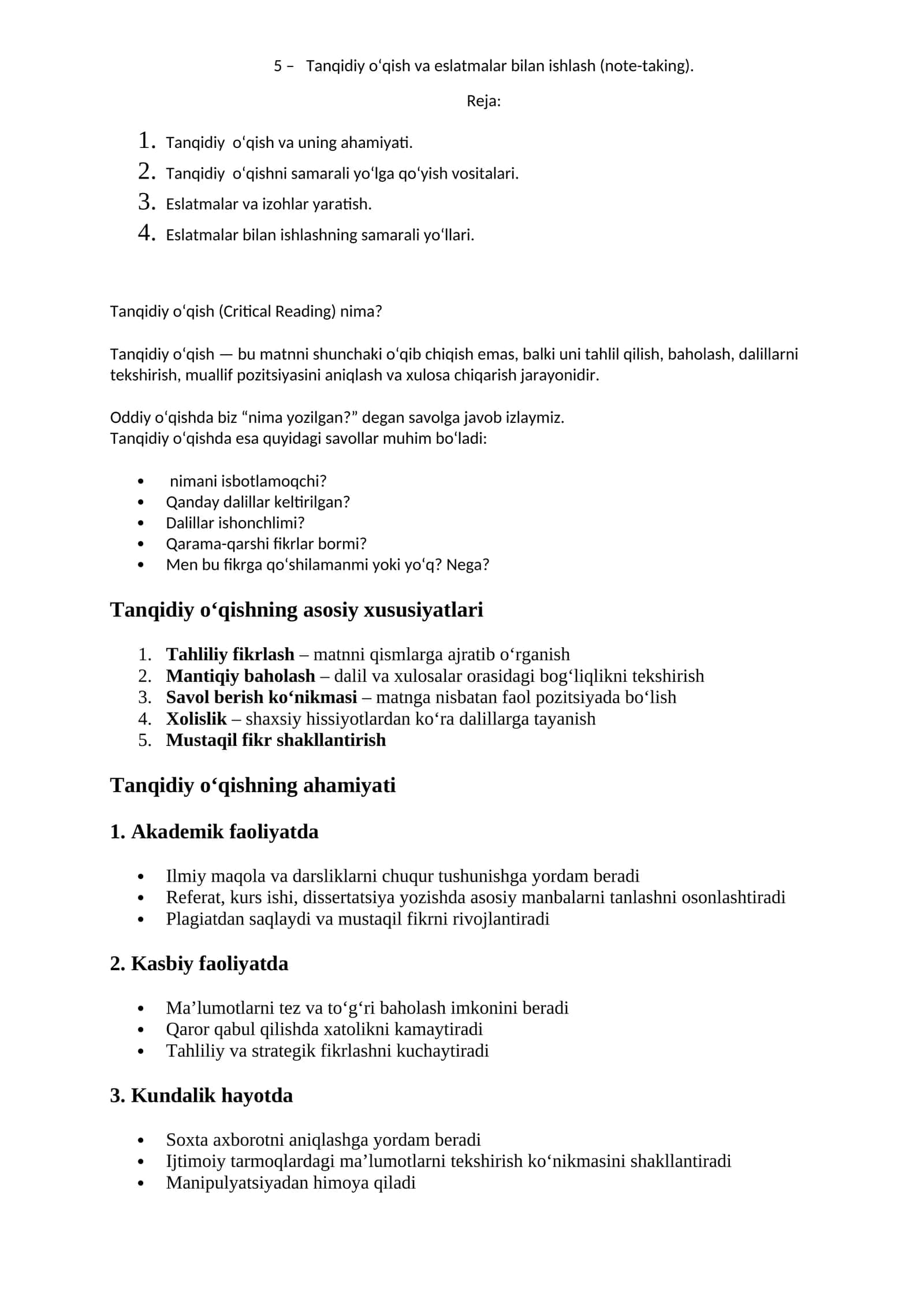 Tanqidiy o‘qish va eslatmalar bilan ishlash (note-taking) 1