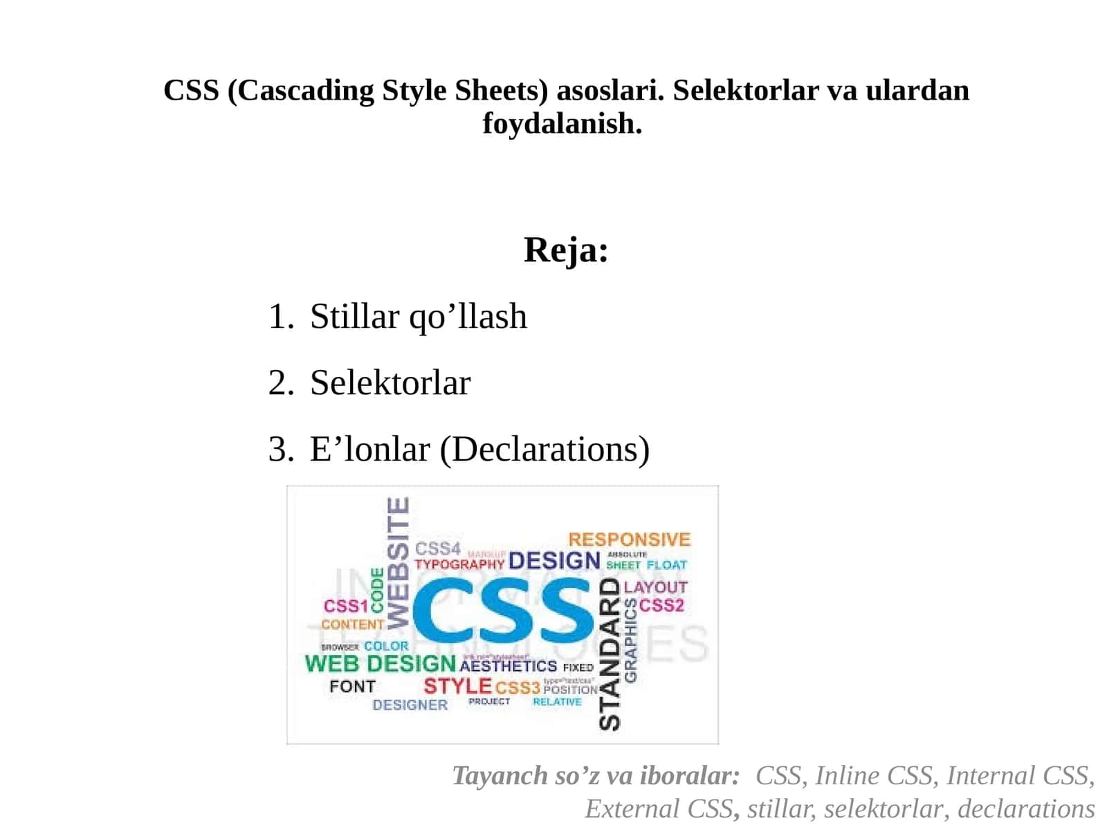 CSS (Cascading Style Sheets)asoslari. Sеlеktorlarvaulardanfoydalanish 1