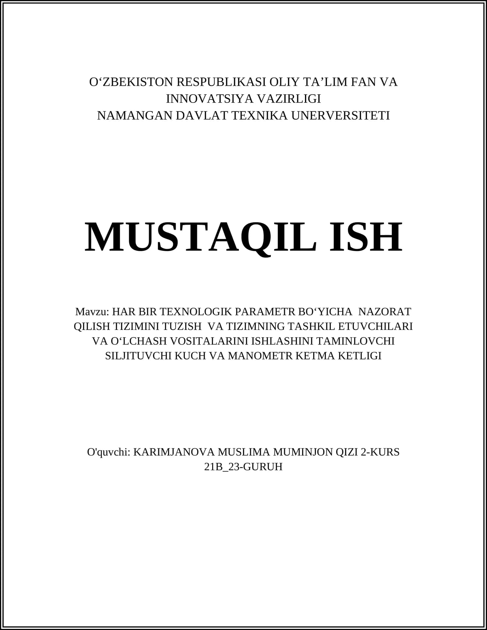 HAR BIR TEXNOLOGIK PARAMETR BOʻYICHA NAZORAT QILISH TIZIMI 1