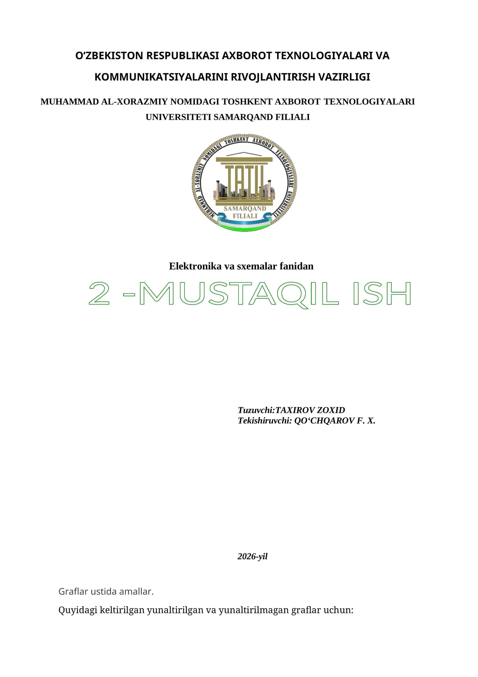 Elektronika va sxemalar fanidan 2 -MUSTAQIL ISH 1