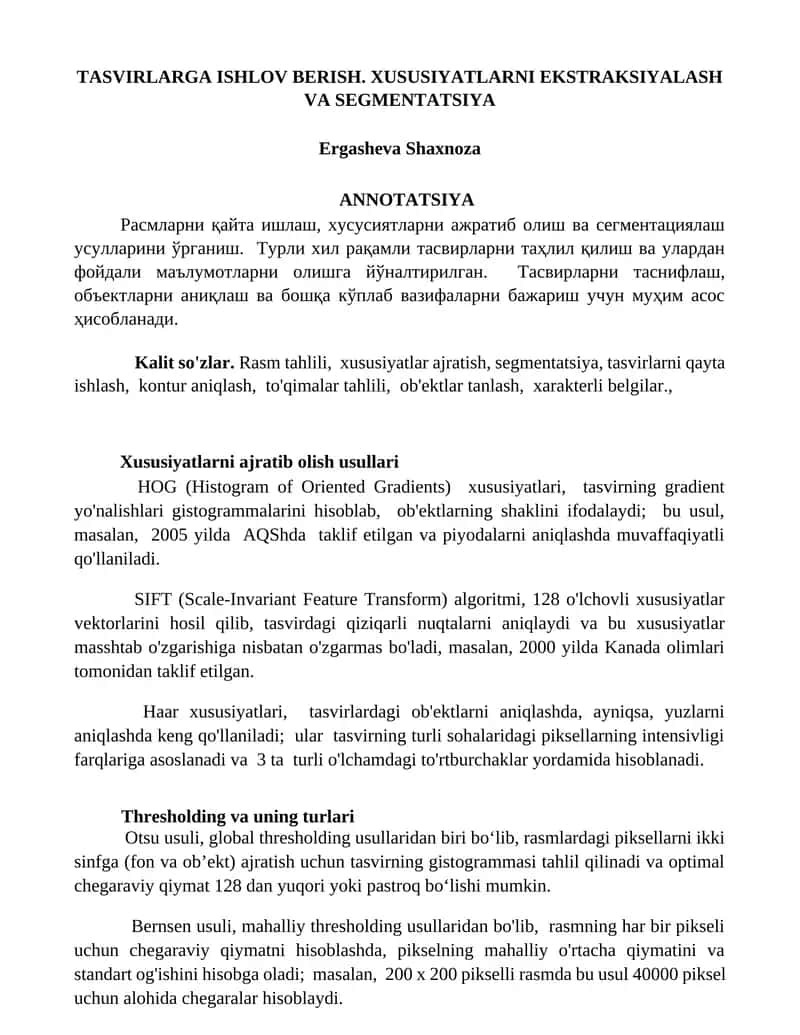 TASVIRLARGA ISHLOV BERISH. XUSUSIYATLARNI EKSTRAKSIYALASH VA SEGMENTATSIYA 1