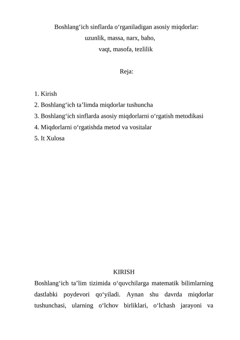 Boshlang‘ich sinflarda asosiy miqdorlarni o‘rgatish metodikasi 1