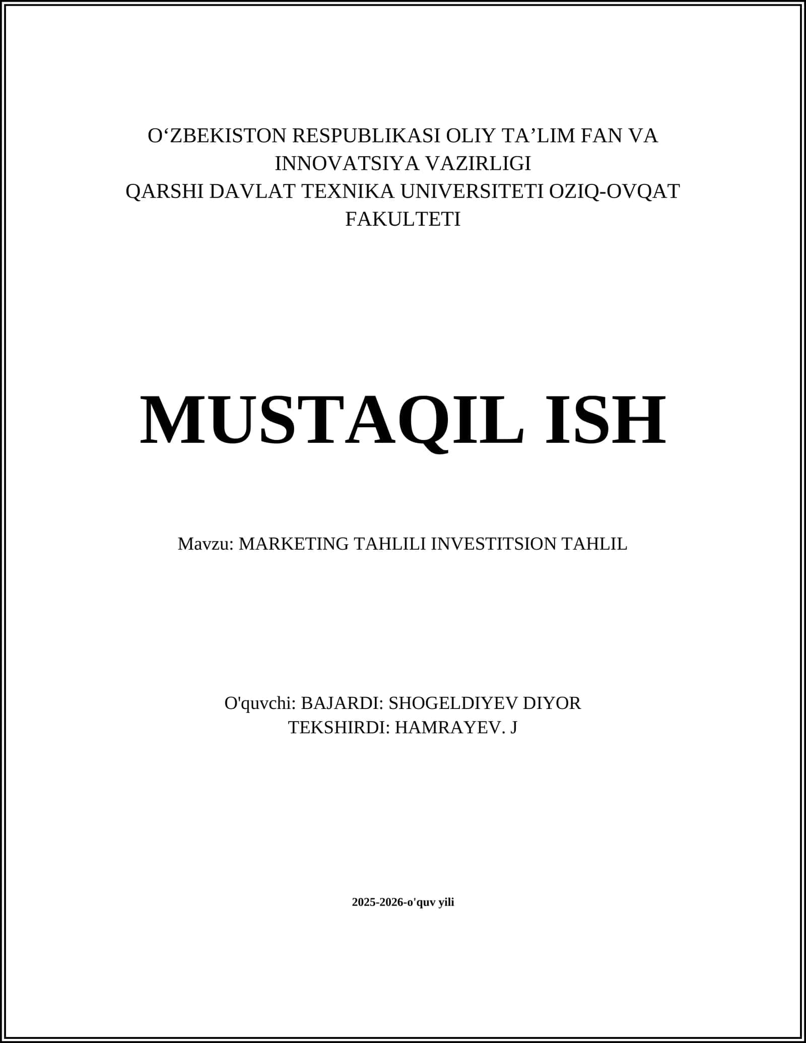 MARKETING TAHLILI INVESTITSION TAHLIL 1