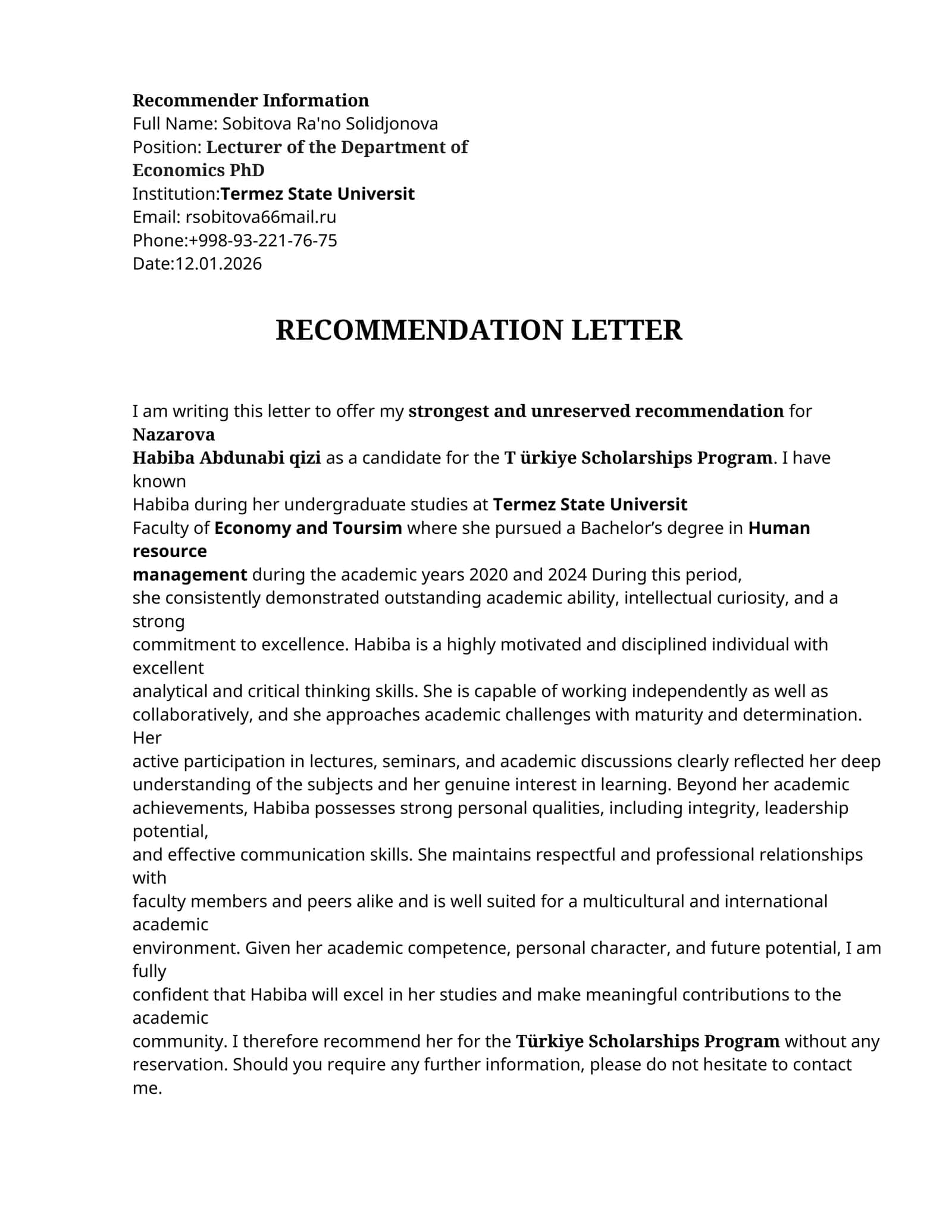 Mavzu: RECOMMENDATION LETTER 1