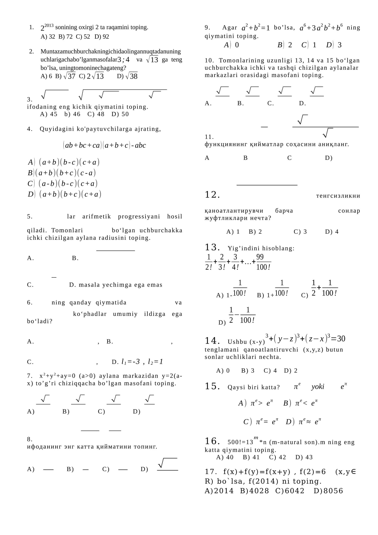 Matematika fanidan olimpiadaga tayyorlanayotganlar uchun test 1