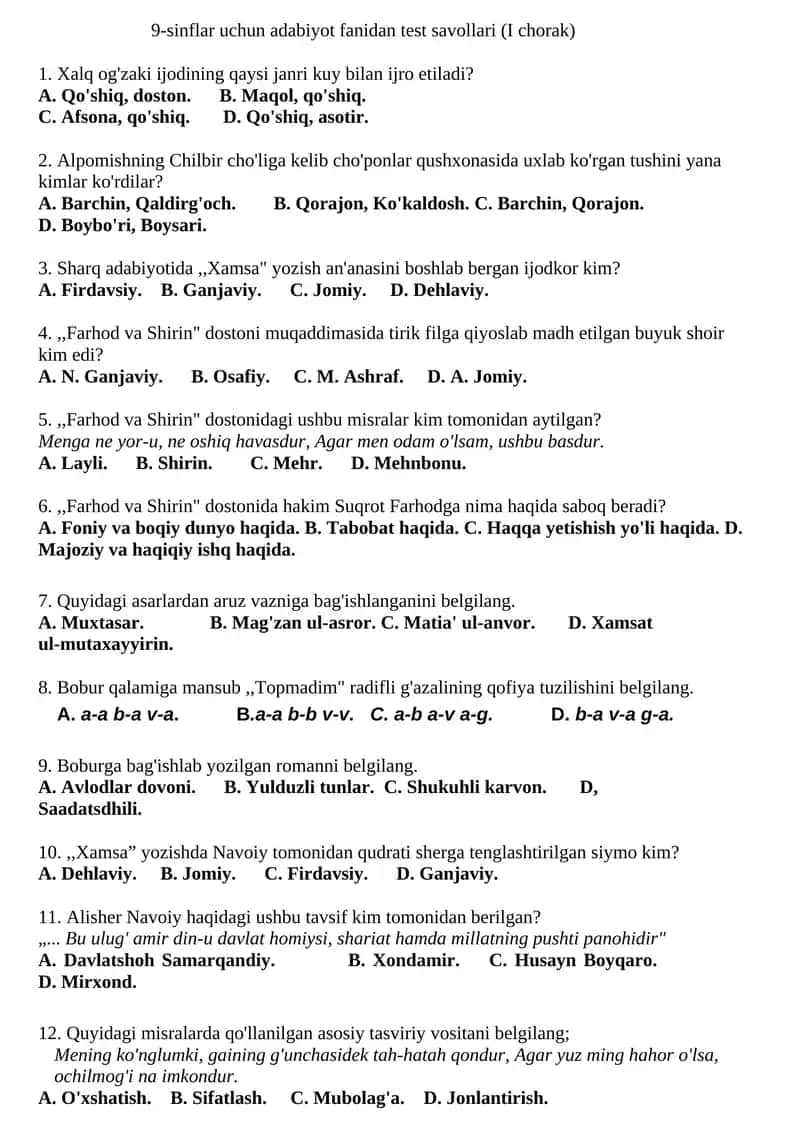 9-sinflar uchun adabiyot fanidan test savollari (I chorak) 1