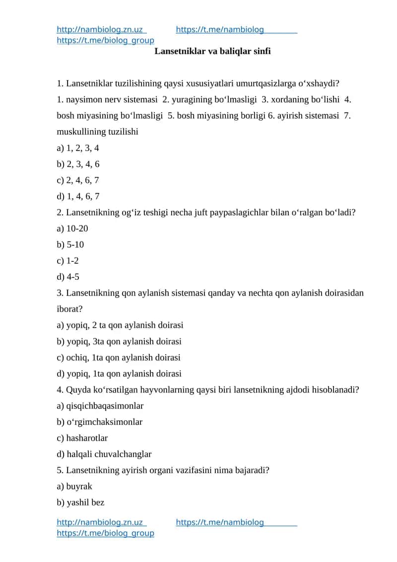 Lansetniklar va baliqlar sinfi 1