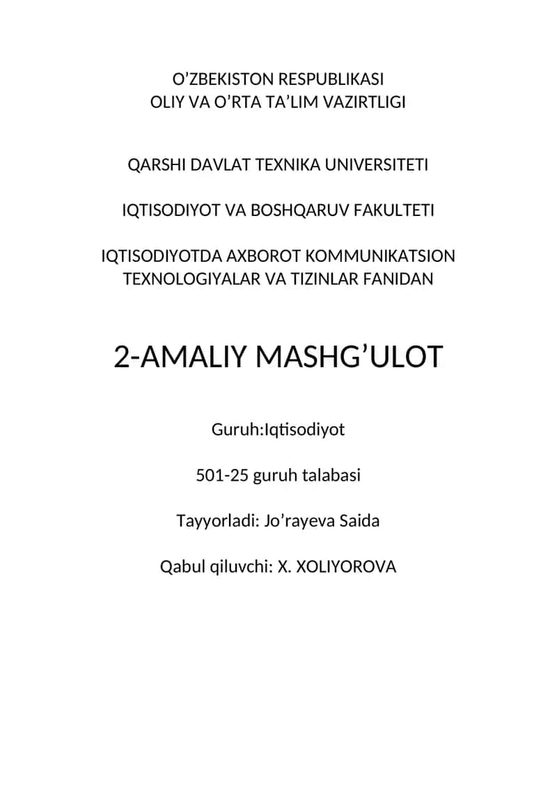 MS Excel elektron jadvalida iqtisodiy masalalarni yechish 1