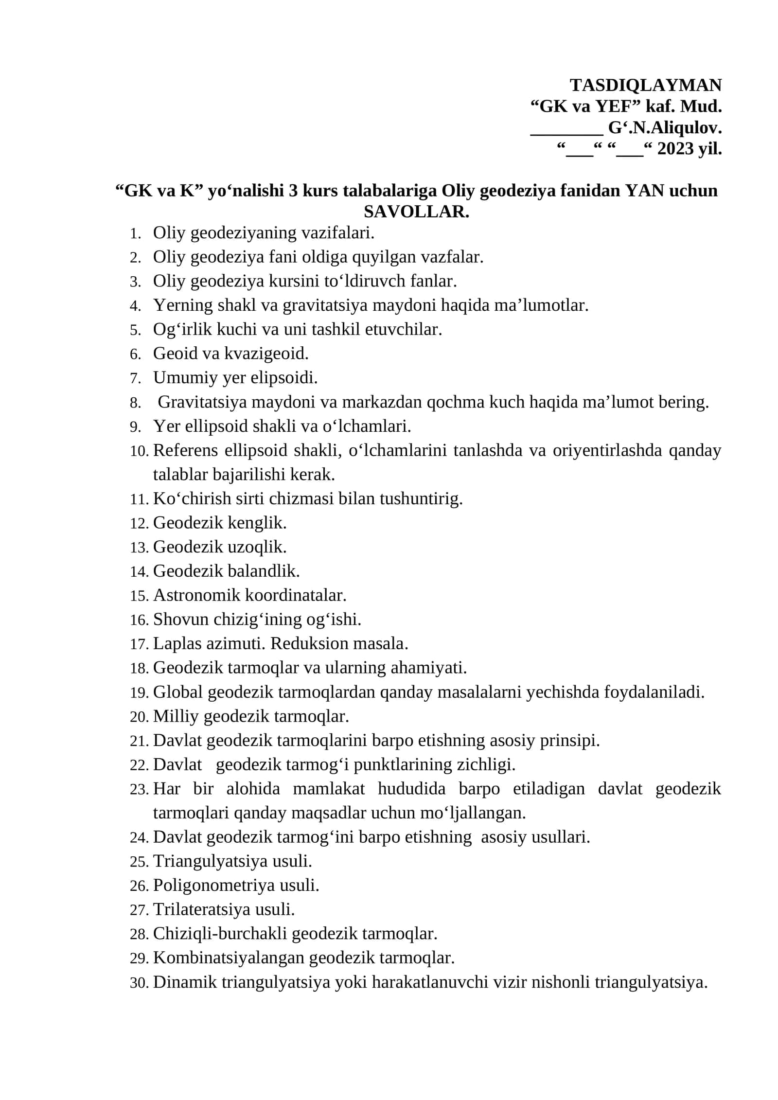 Oliy geodeziya fanidan SAVOLLAR 1