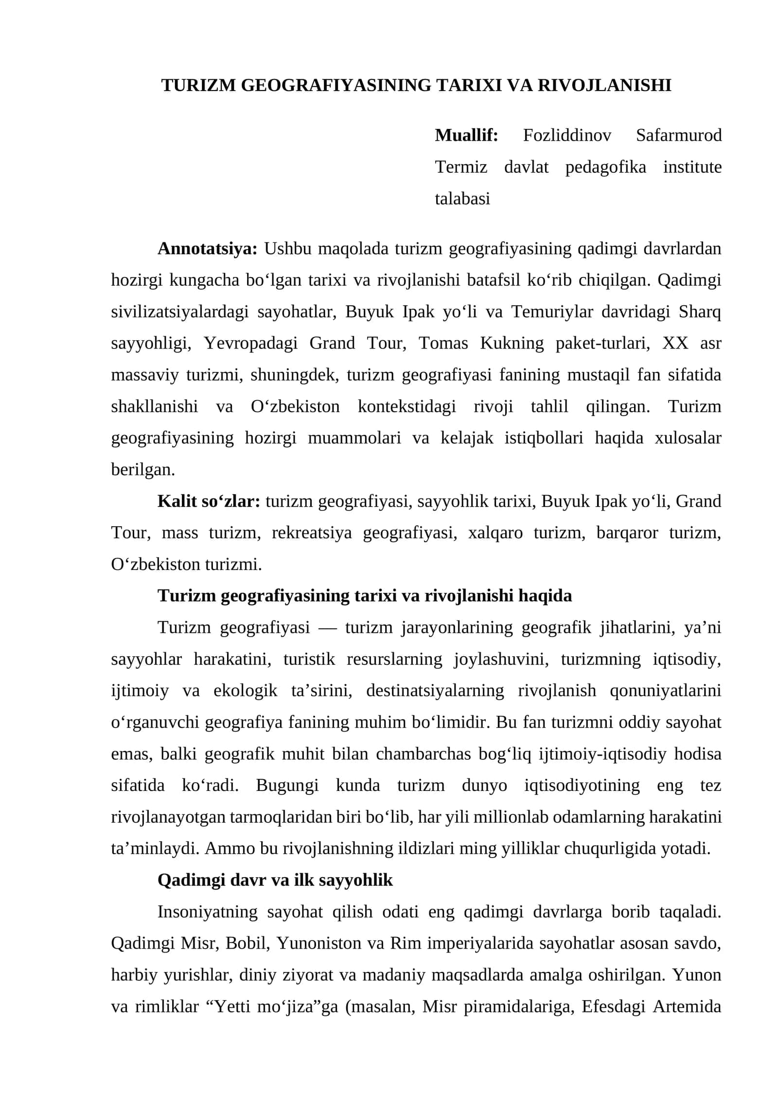 TURIZM GEOGRAFIYASINING TARIXI VA RIVOJLANISHI 1
