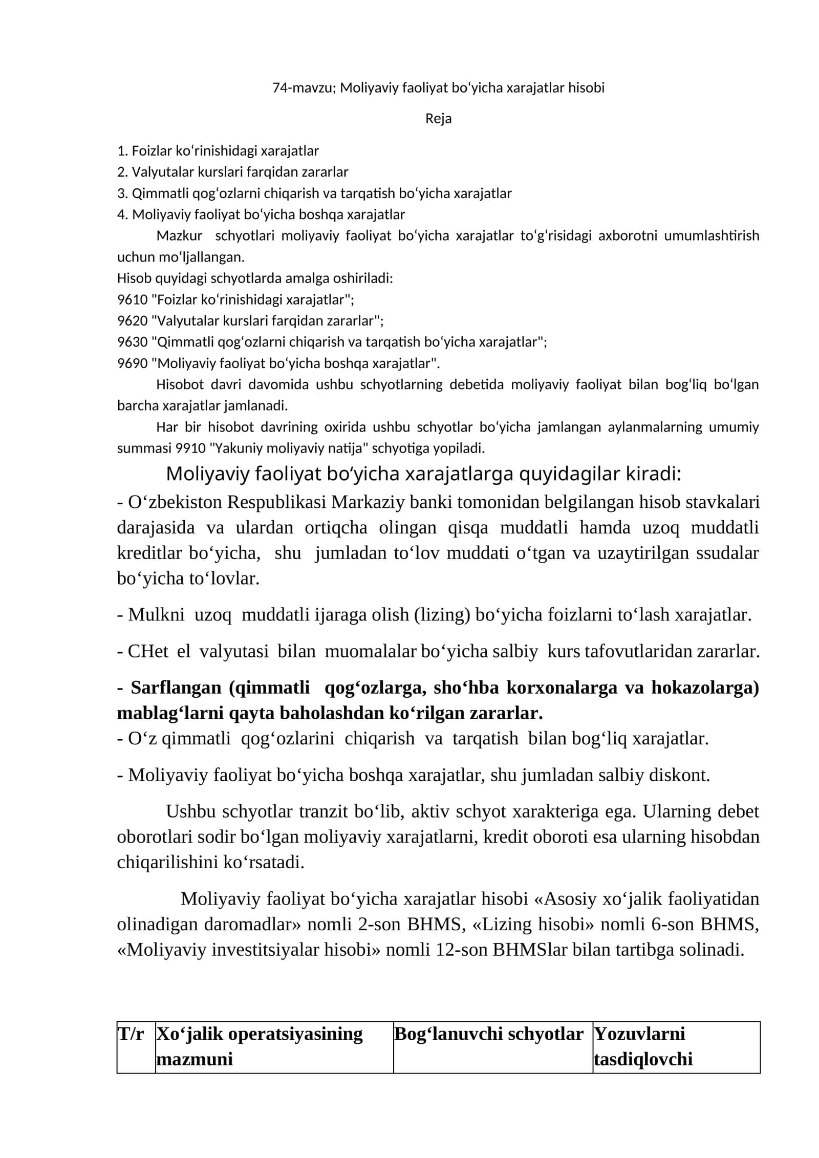 Moliyaviy faoliyat bo‘yicha xarajatlar hisobi 1