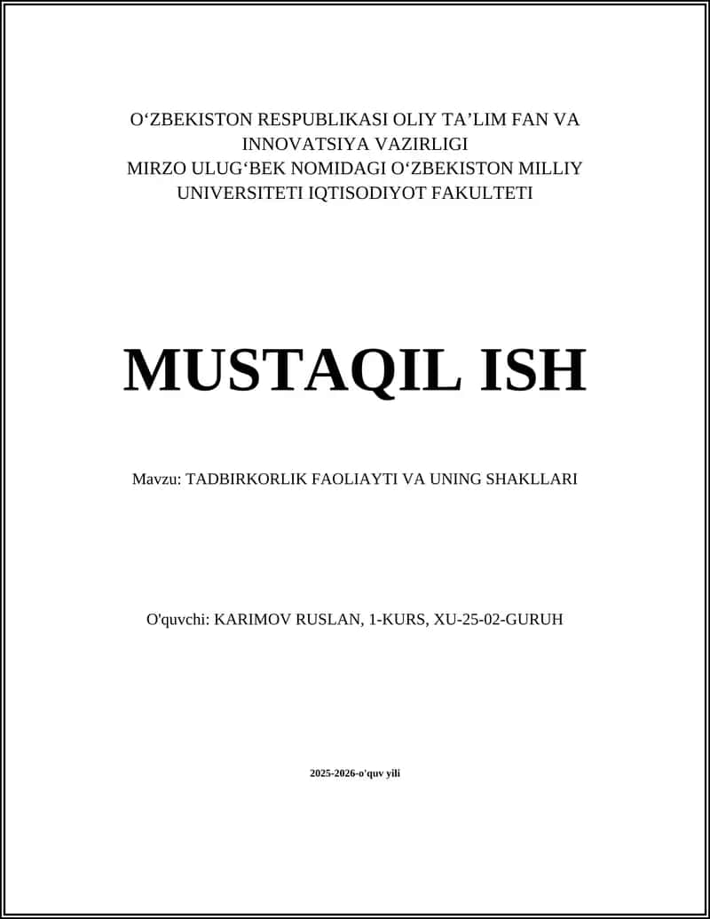 Tadbirkorlik Faoliyati va Uning Shakllari 1