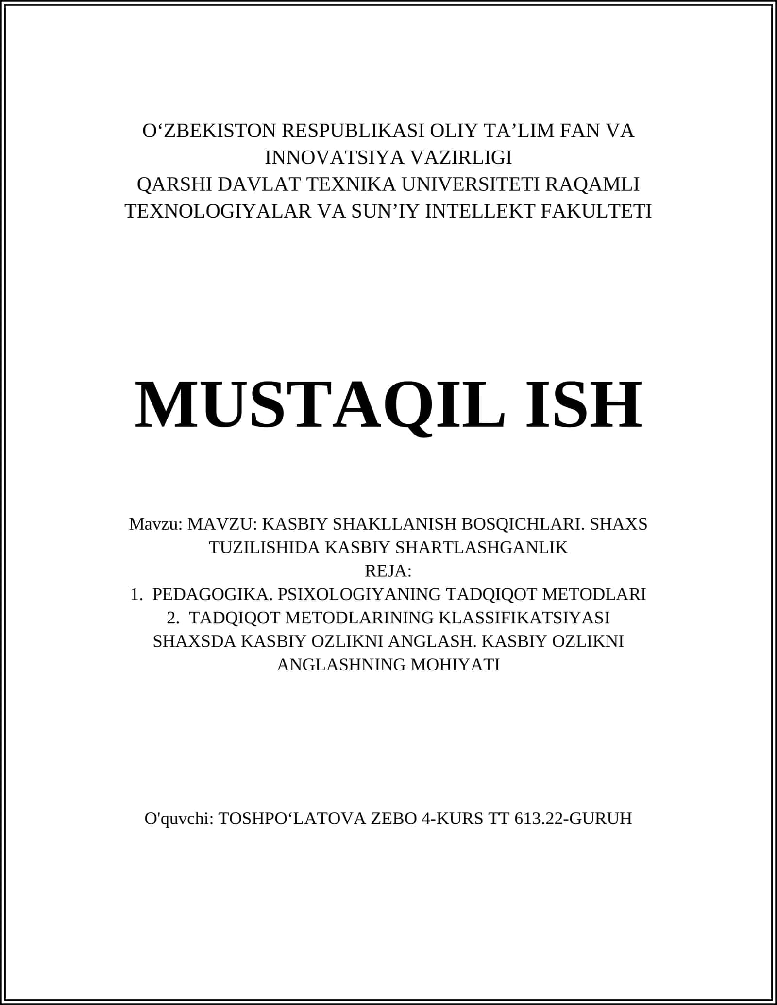 KASBIY SHAKLLANISH BOSQICHLARI. SHAXS TUZILISHIDA KASBIY SHARTLASHGANLIK 1