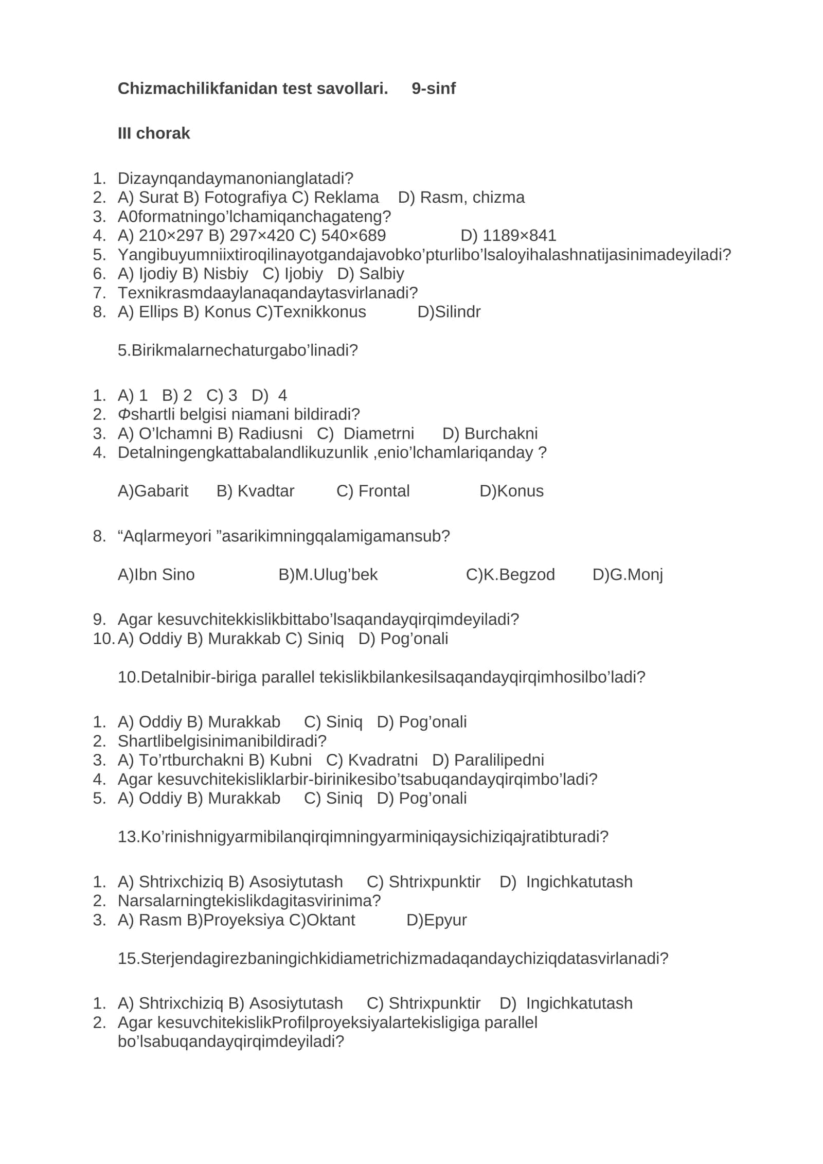 Chizmachilikfanidan test savollari. 9-sinf 1