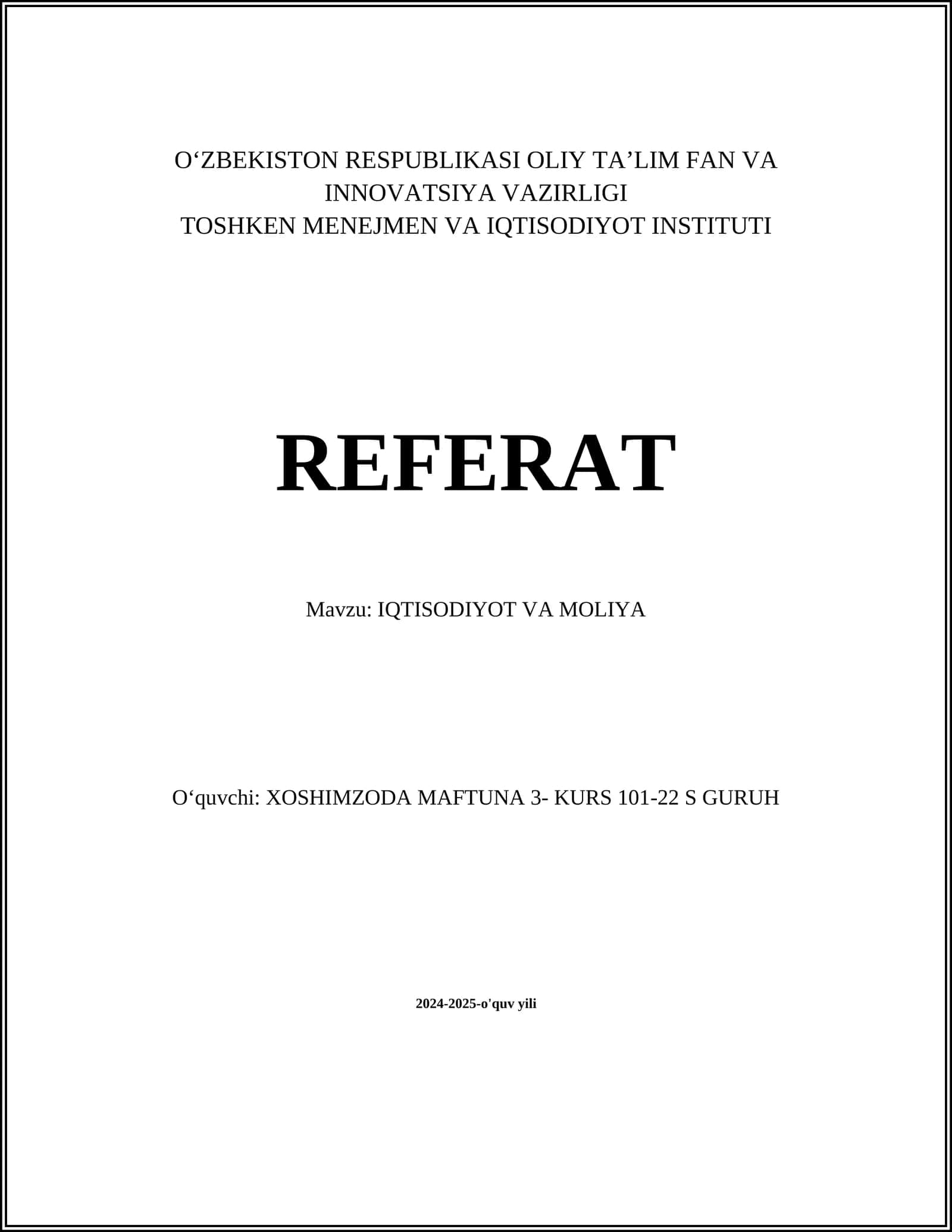 IQTISODIYOT VA MOLIYA 1